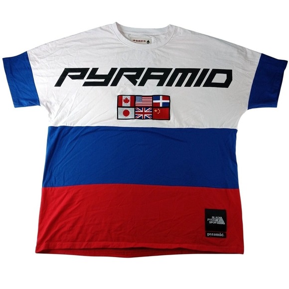 Black Pyramid Sport Other - Black Pyramid Sport TShirt Mens XXXL White Blue Red Color Block Flag Patch